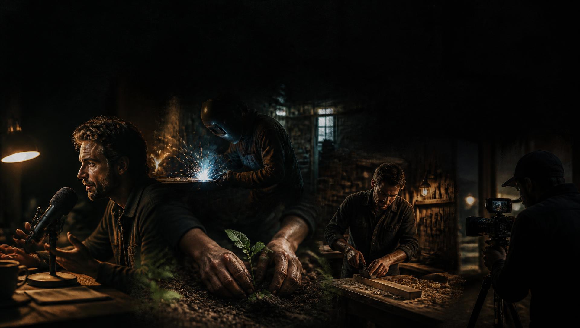 A host at a microphone, a welder in a garage, hands planting seedlings, a woodworker at a bench, and a camera operator filming