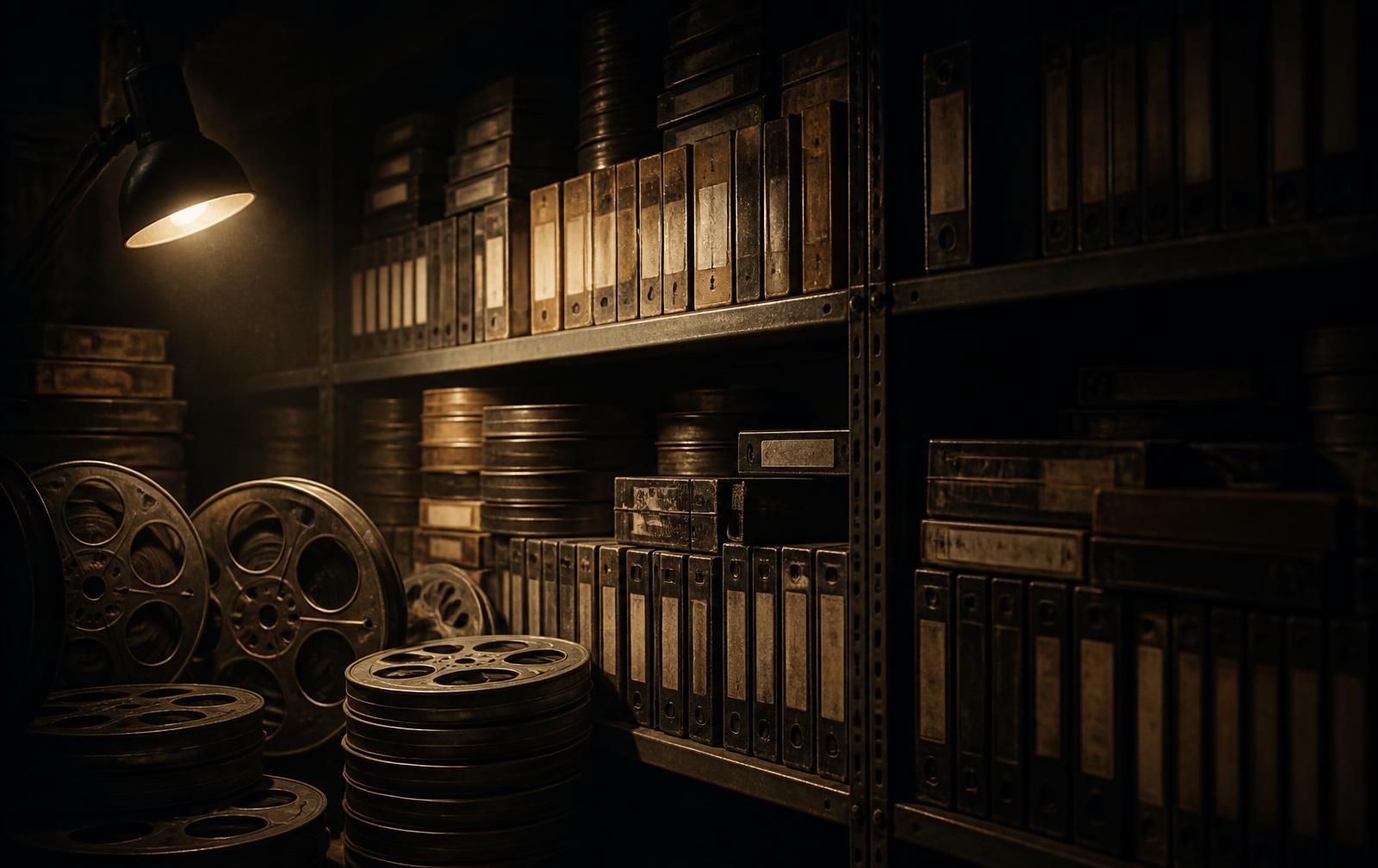 Shelves of film reels and tape archives lit by a single lamp