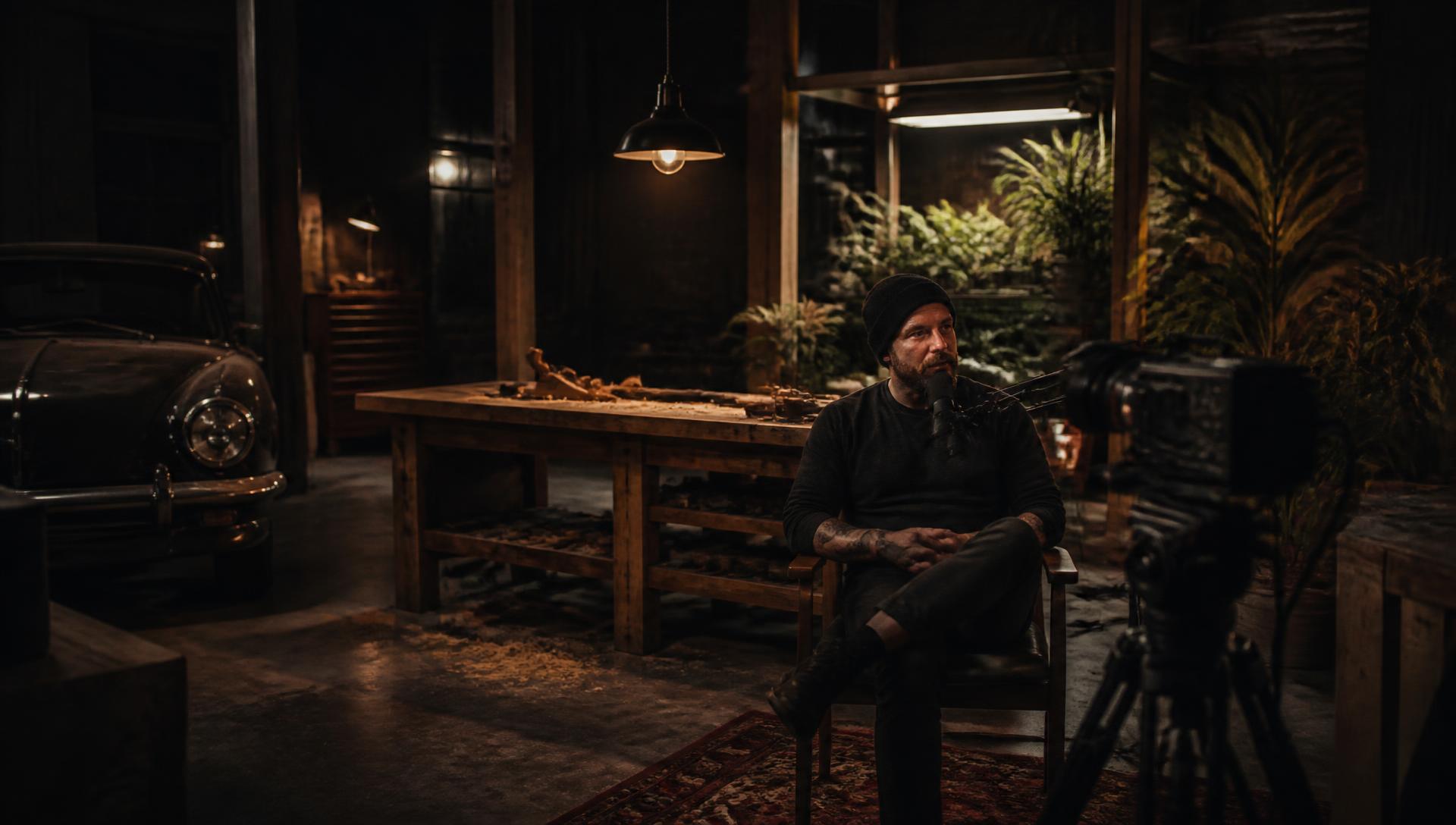 A creator hosting a show in a workspace of cars, craft benches and growing plants